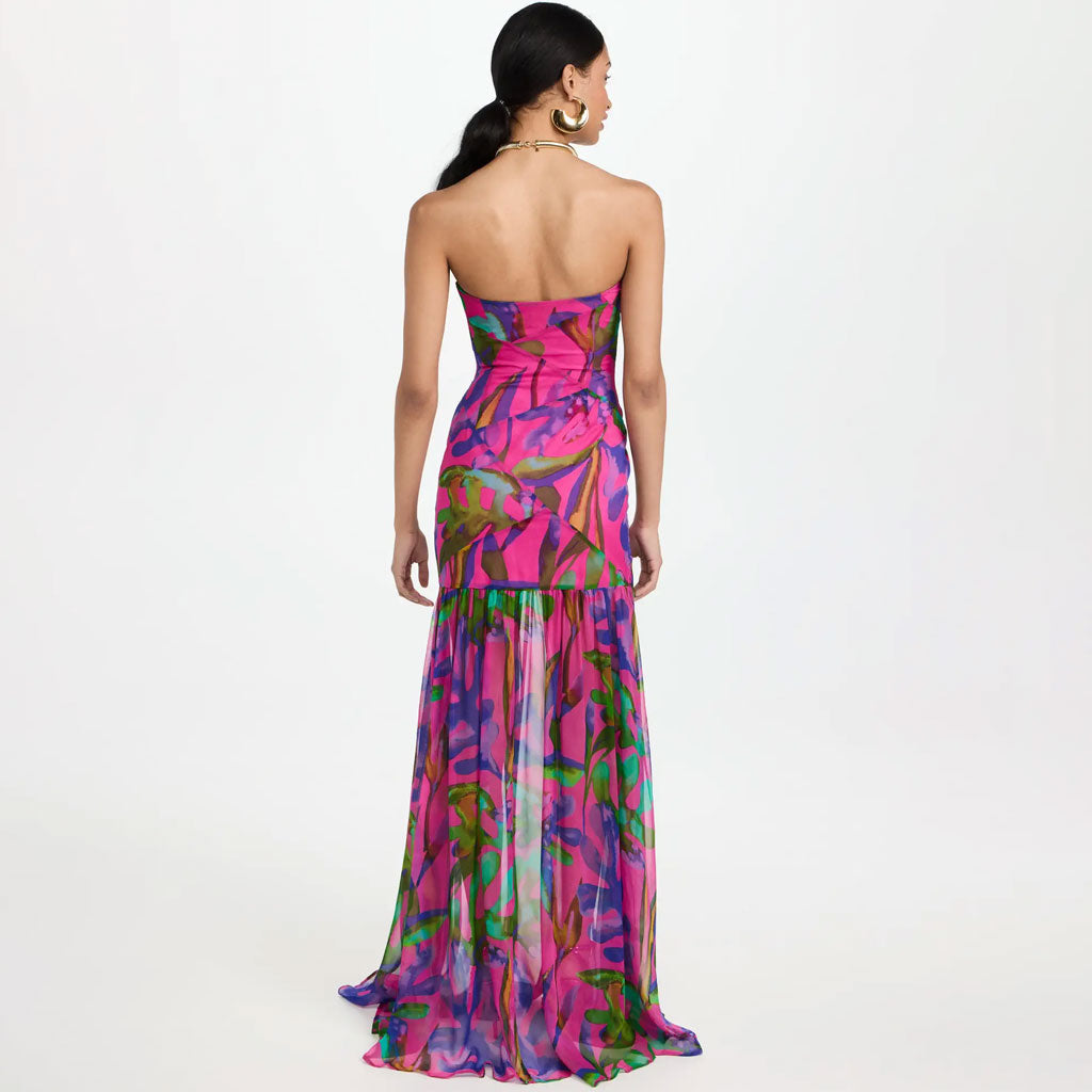 Tropical Leaf Print Drop Waist Split Thigh Sheer Ruffle Strapless Maxi Evening Dress