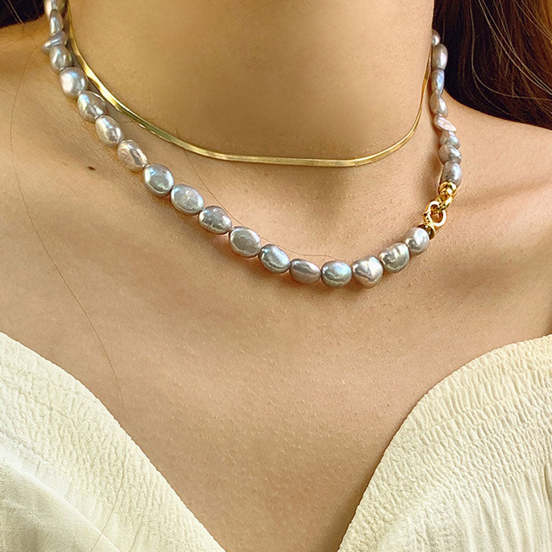 Two Tone Double Clasp Gray Baroque Freshwater Pearl Choker NeckLace