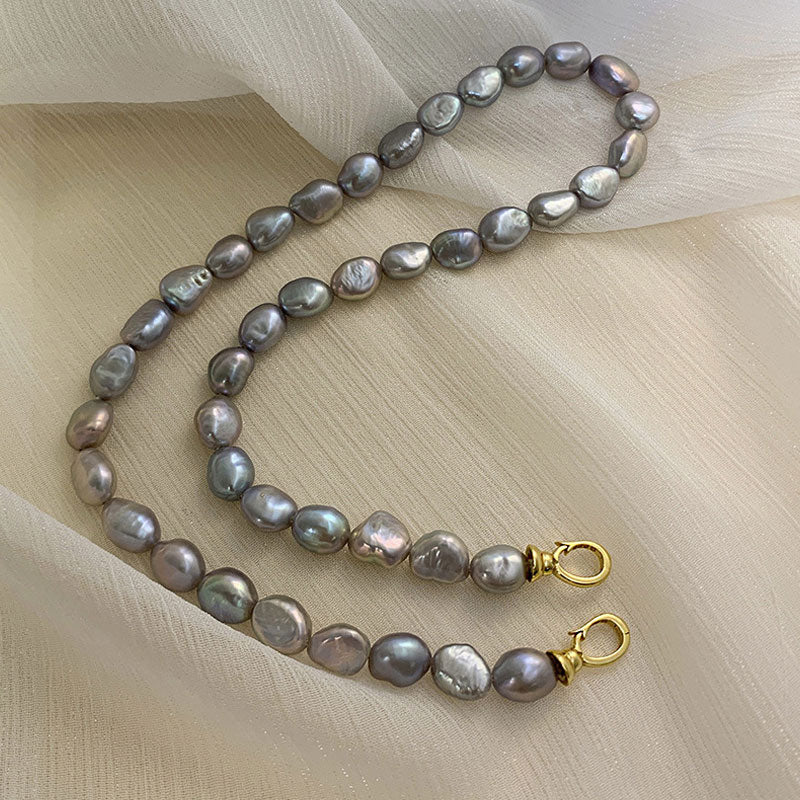 Two Tone Double Clasp Gray Baroque Freshwater Pearl Choker NeckLace