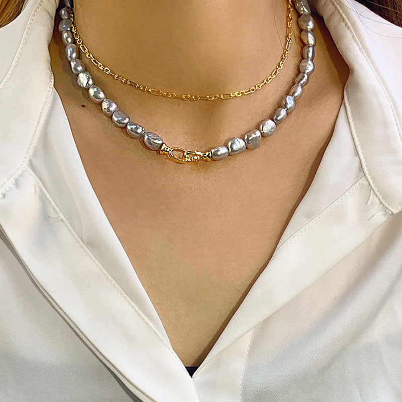 Two Tone Double Clasp Gray Baroque Freshwater Pearl Choker NeckLace