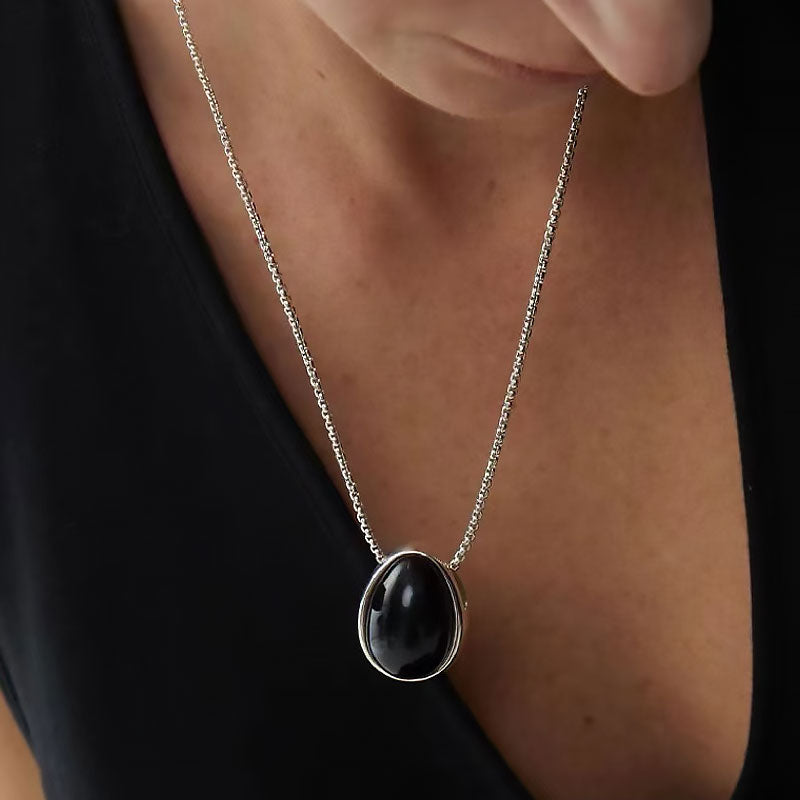 Two Tone Onyx Pebble Pendant Sterling Silver Plated Box Chain NeckLace