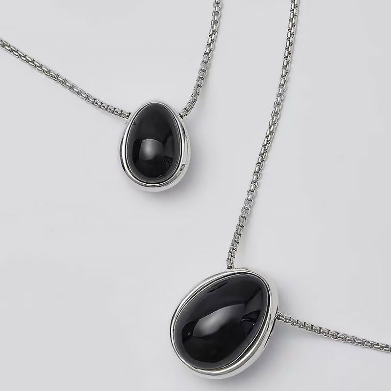 Two Tone Onyx Pebble Pendant Sterling Silver Plated Box Chain NeckLace