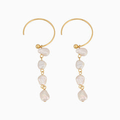 Two Tone Sterling Silver Plated Baroque Pearl C Hoop Linear Drop Earrings