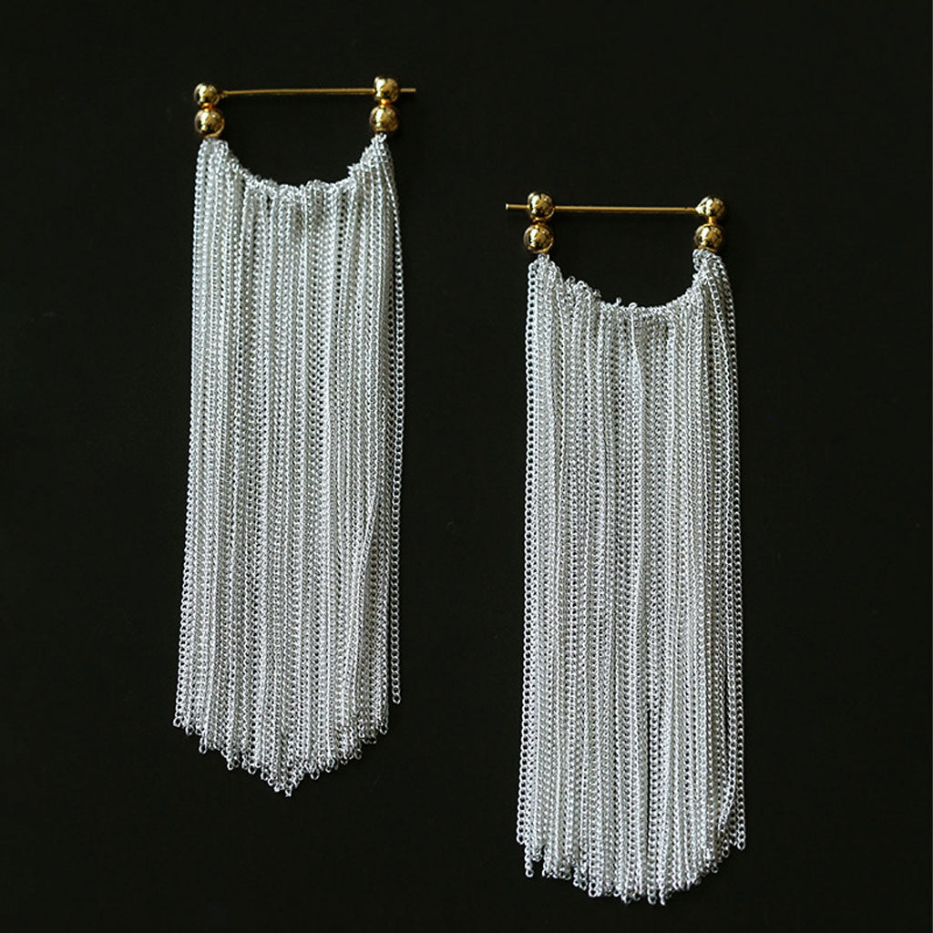 Two Tone Waterfall 18K Gold Plated Sterling Silver Long Fringe Earrings