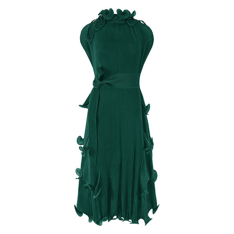 Unique Drawstring Ruffled Mock Neck Self Tie Belted Pleated Midi Dress