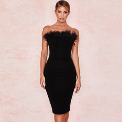 Unique Feather Trim Strapless Bandage Cocktail Party Midi Dress - Black