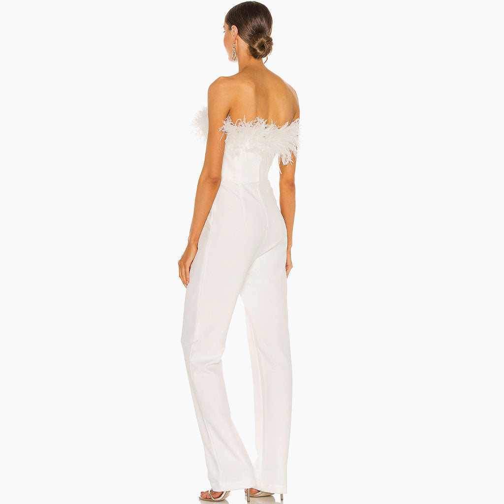 Unique Trägerloser Jumpsuit mit weitem Bein und Federbesatz - Weiß