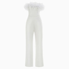 Unique Feather Trim Strapless Wide Leg Jumpsuit - White