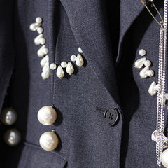 Unique Pin Detail Pearl Embellished Raw Trim Lapel Collar Single Breasted Blazer