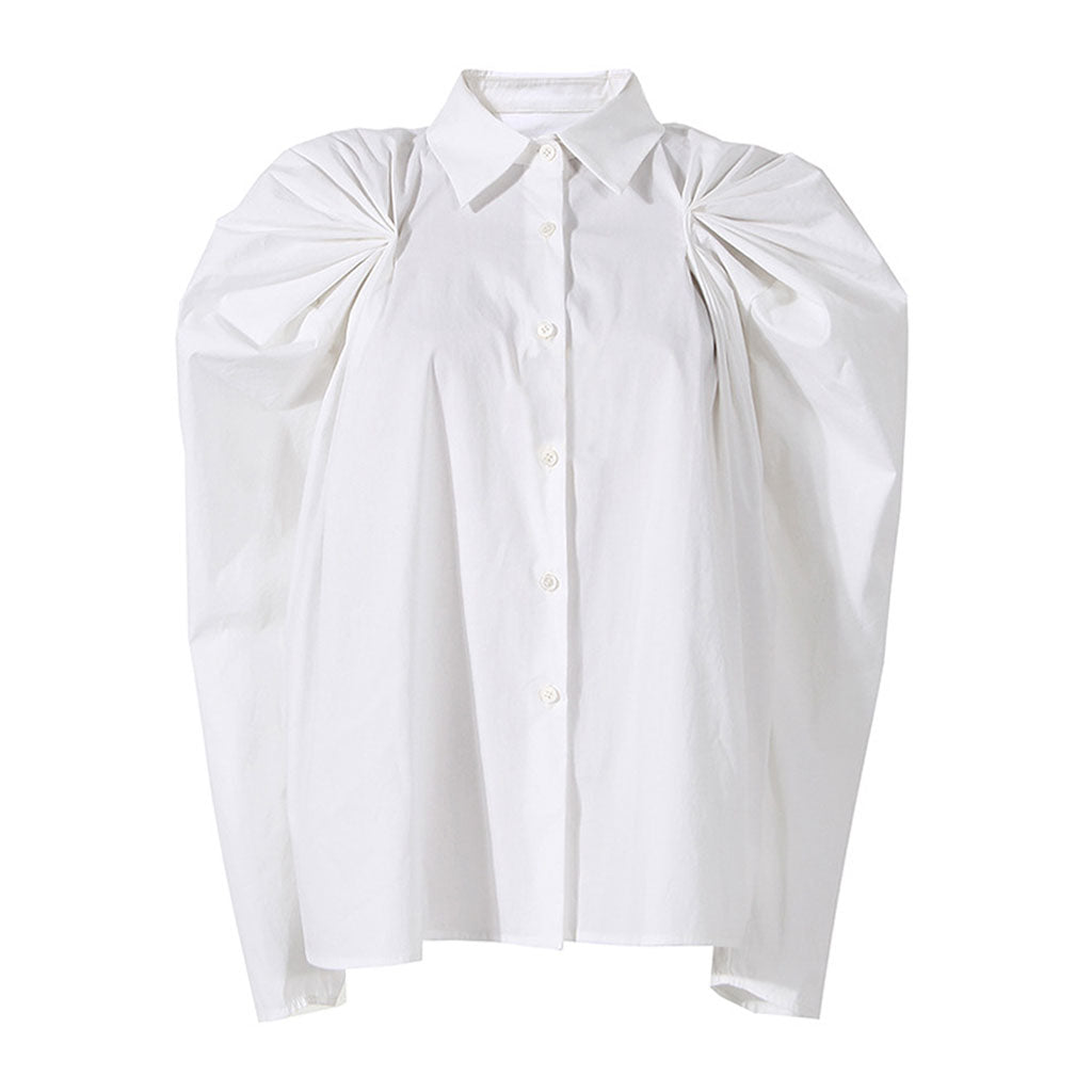 Unique Pleated Detail Puff Sleeve Collared Button Up Blouse