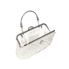 Unique Rhinestone Embellished Top Handle Pearl Clutch Bag - Beige