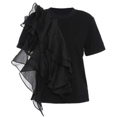 Unique Tiered Ruffle Detail Round Neck Short Sleeve Cotton Blend Top