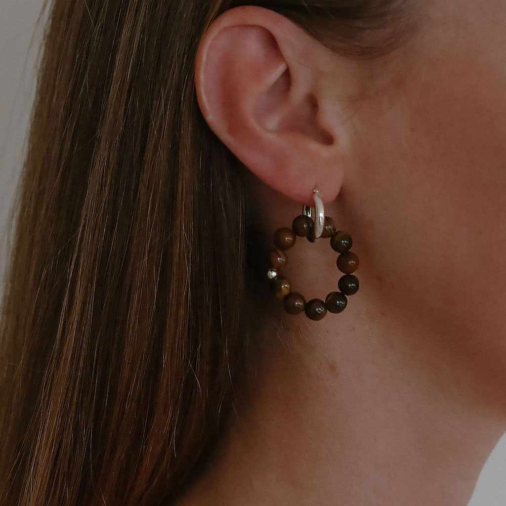 Unique Tigers Eye Beaded Ring Drop Multiway Hinge Hoop Earrings