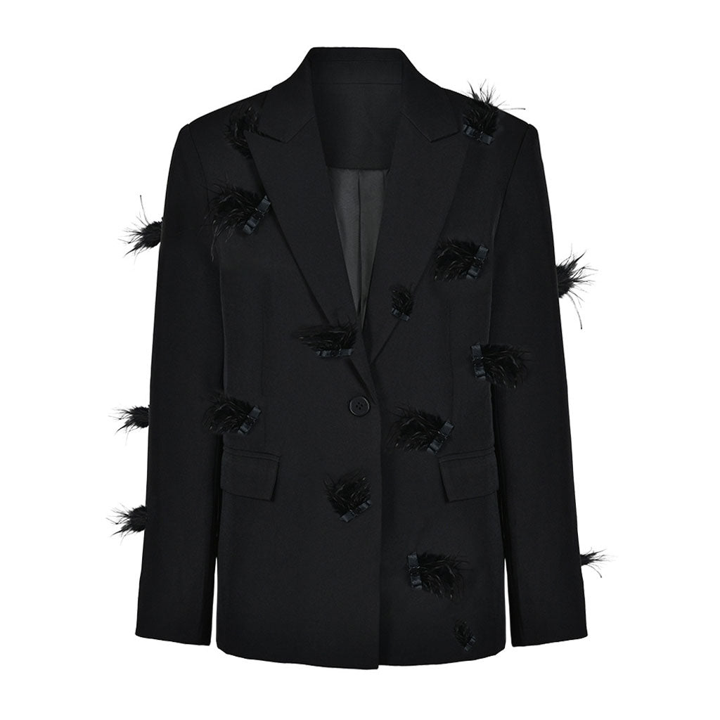 Upscale Feathery Gem Corsage Lapel Collar Single Breasted Long Sleeve Blazer