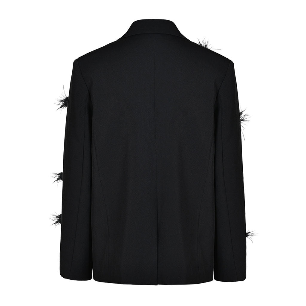 Upscale Feathery Gem Corsage Lapel Collar Single Breasted Long Sleeve Blazer