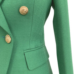 Vibrant Gold Button Detail Double Breasted Peak Lapel Tailored Linen Blazer