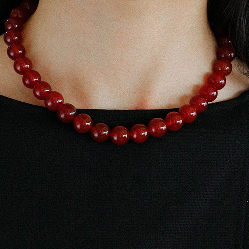 Vintage 18K Vergoldete große rote Onyx Runde Perlen Choker Halskette