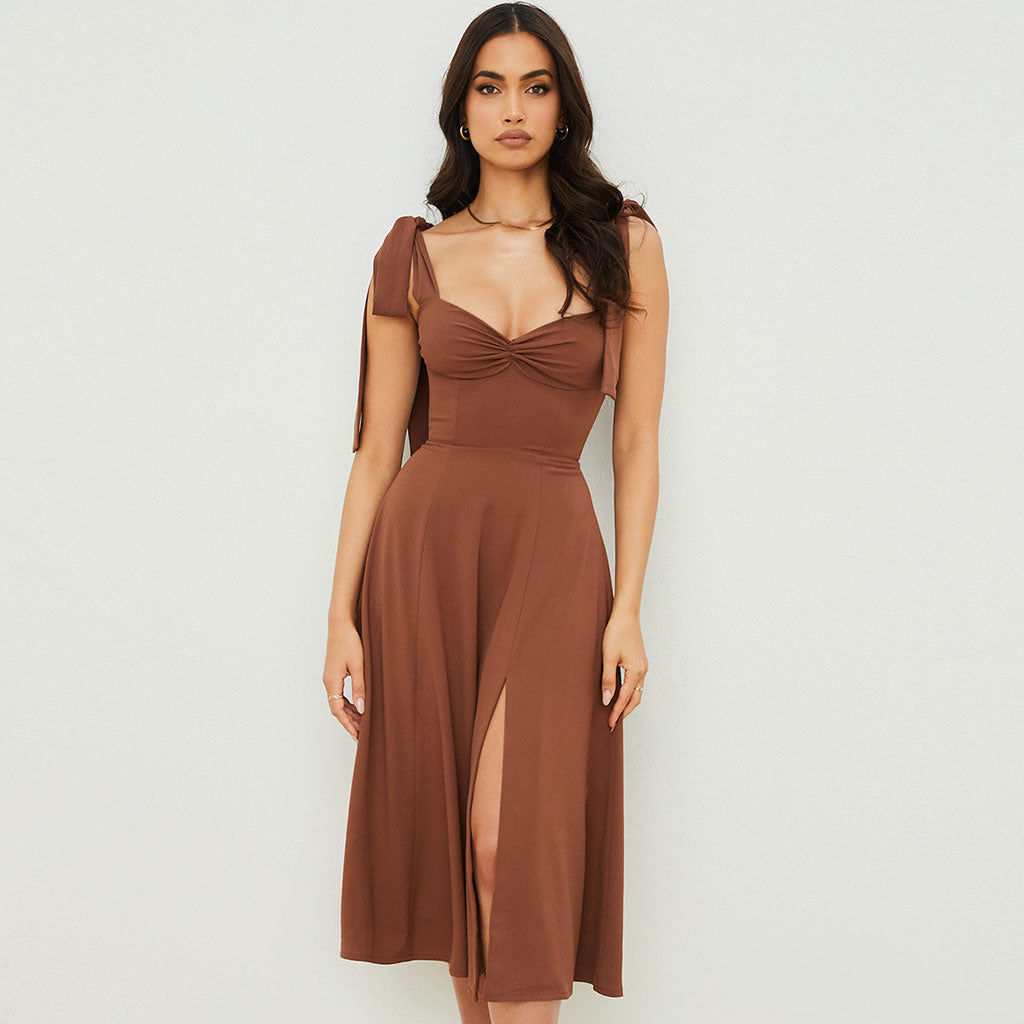 Vintage Bow Tie Fit & Flare High Slit Midi SunDress - Coffee