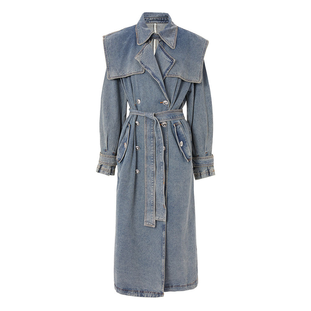 Vintage Trenchcoat aus Denim mit geknöpftem Kragen und Gürtel, zweireihig, getragener Effekt