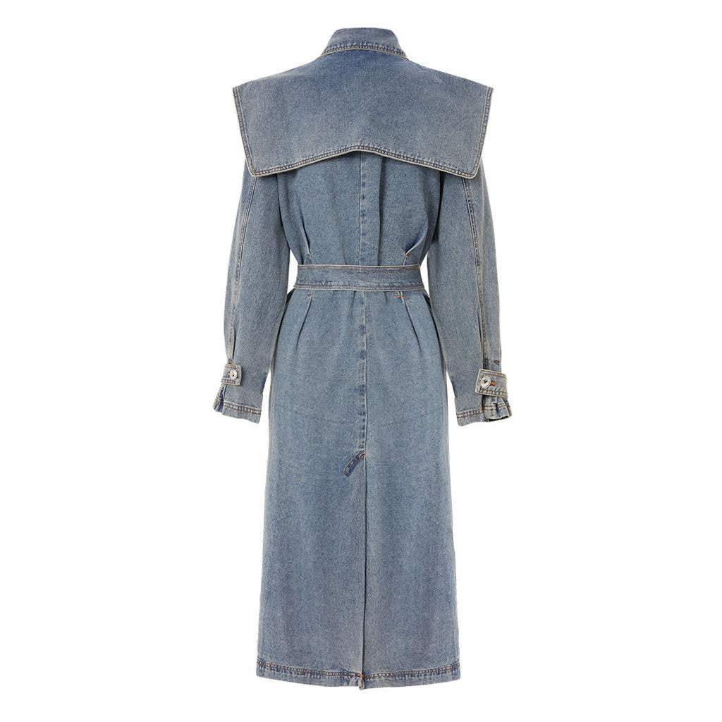 Vintage Buttoned Collar Belted Double Breasted Worn In Effect Denim Trench Coat