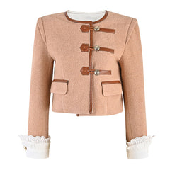 Veste courte en tweed mélangé de laine à col ras du cou et boutons sur le devant avec détails en dentelle