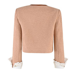 Veste courte en tweed mélangé de laine à col ras du cou et boutons sur le devant avec détails en dentelle