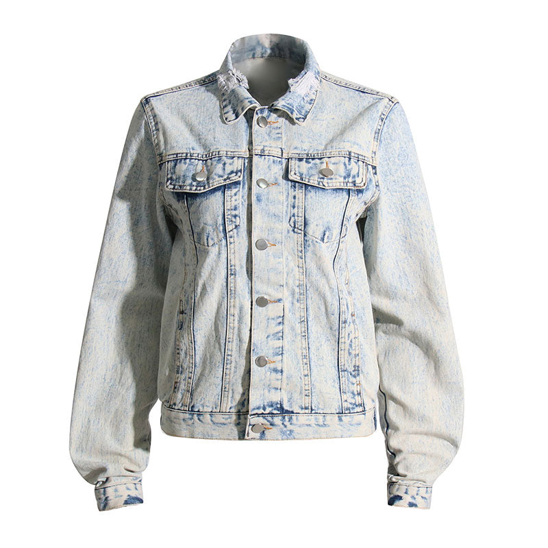 Vintage Distressed Ripped Detail Button Down Acid Wash Denim Jacket