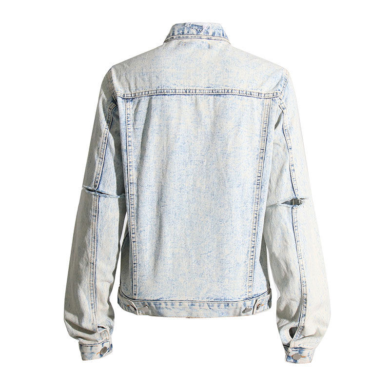 Vintage Distressed Ripped Detail Button Down Acid Wash Denim Jacket