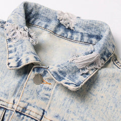 Vintage Distressed Ripped Detail Button-Down Acid Wash Jeansjacke