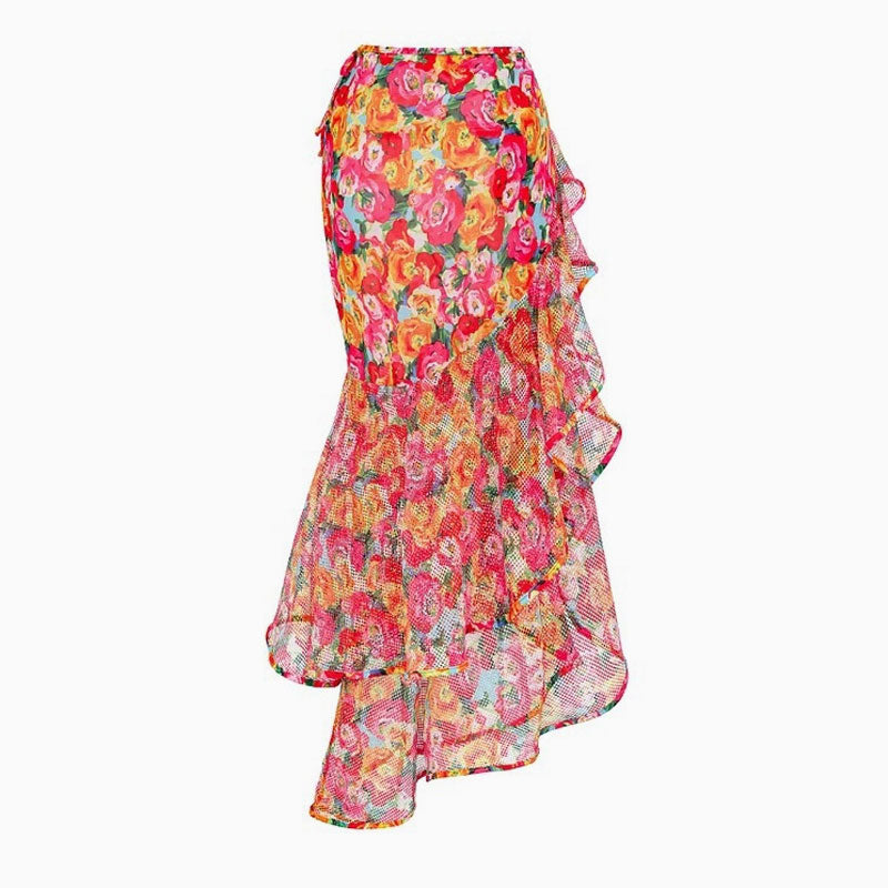 Vintage Floral High Waist Rüschen Chiffon Fliege Maxi Wrap Sarong Cover Up