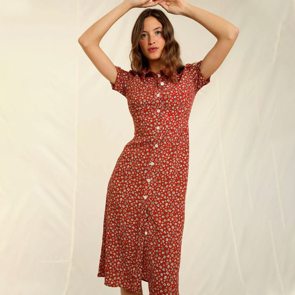 Vintage Floral Print Collared Button Up Short Sleeve Midi Dress - Red