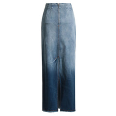 Vintage Maxi-Jeansrock mit Farbverlauf und rohem Besatz hinten, Schlitz und hoher Taille