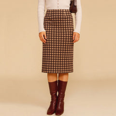 Vintage High Waist Bodycon Houndstooth Strick Midirock - Kaffee