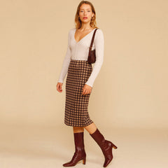 Vintage High Waist Bodycon Houndstooth Strick Midirock - Kaffee