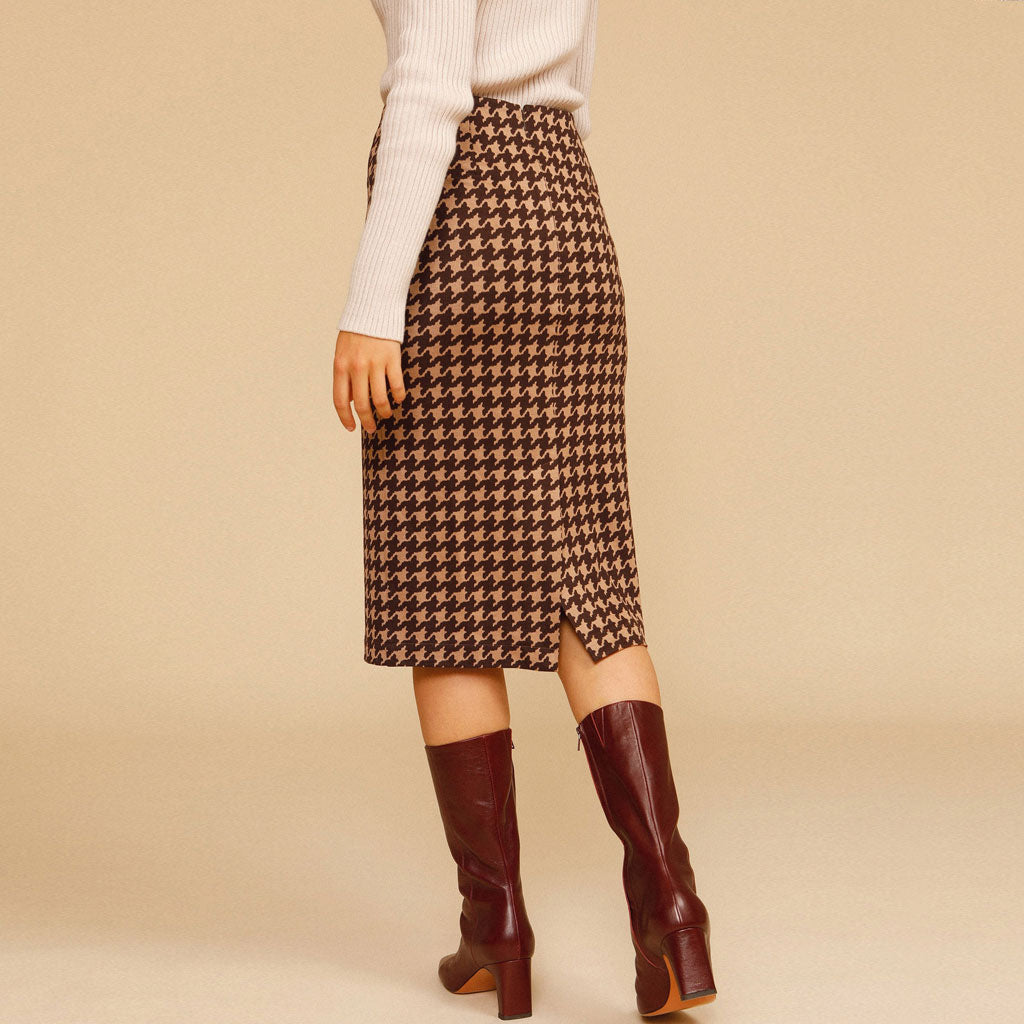 Vintage High Waist Bodycon Houndstooth Strick Midirock - Kaffee