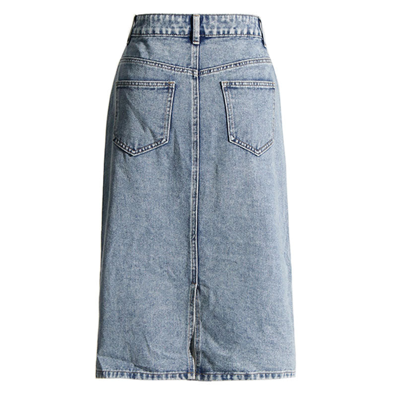 Jupe midi moulante en jean vintage taille haute à deux tons avec découpe en spirale sur le devant