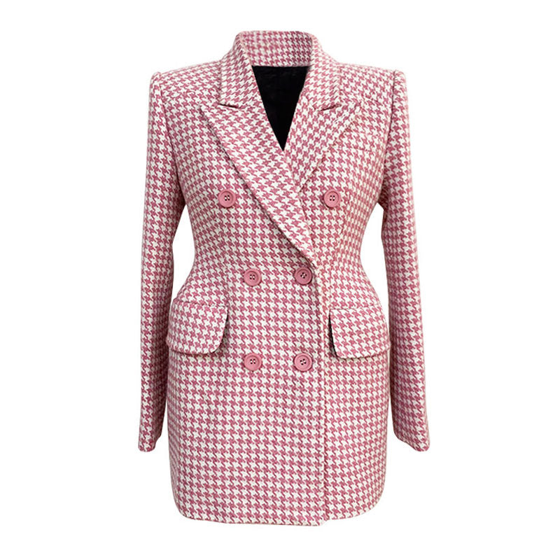 Vintage Houndstooth Print Peak Lapel Double Breasted Tailored Woolen  Blazer