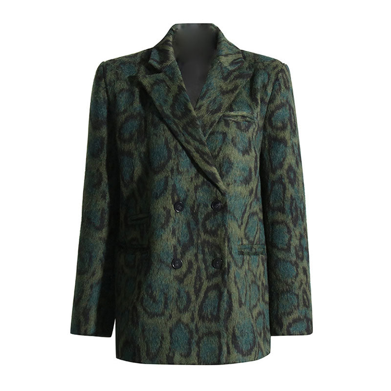 Vintage Zweireihiger Blazer mit Leopardenmuster und Reverskragen aus Kunstpelz