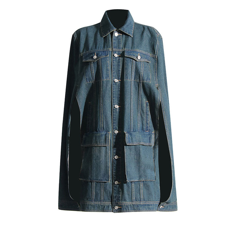 Vintage Oversized Single Breasted Cargo Pocket Long Cape Distressed Denim Coat