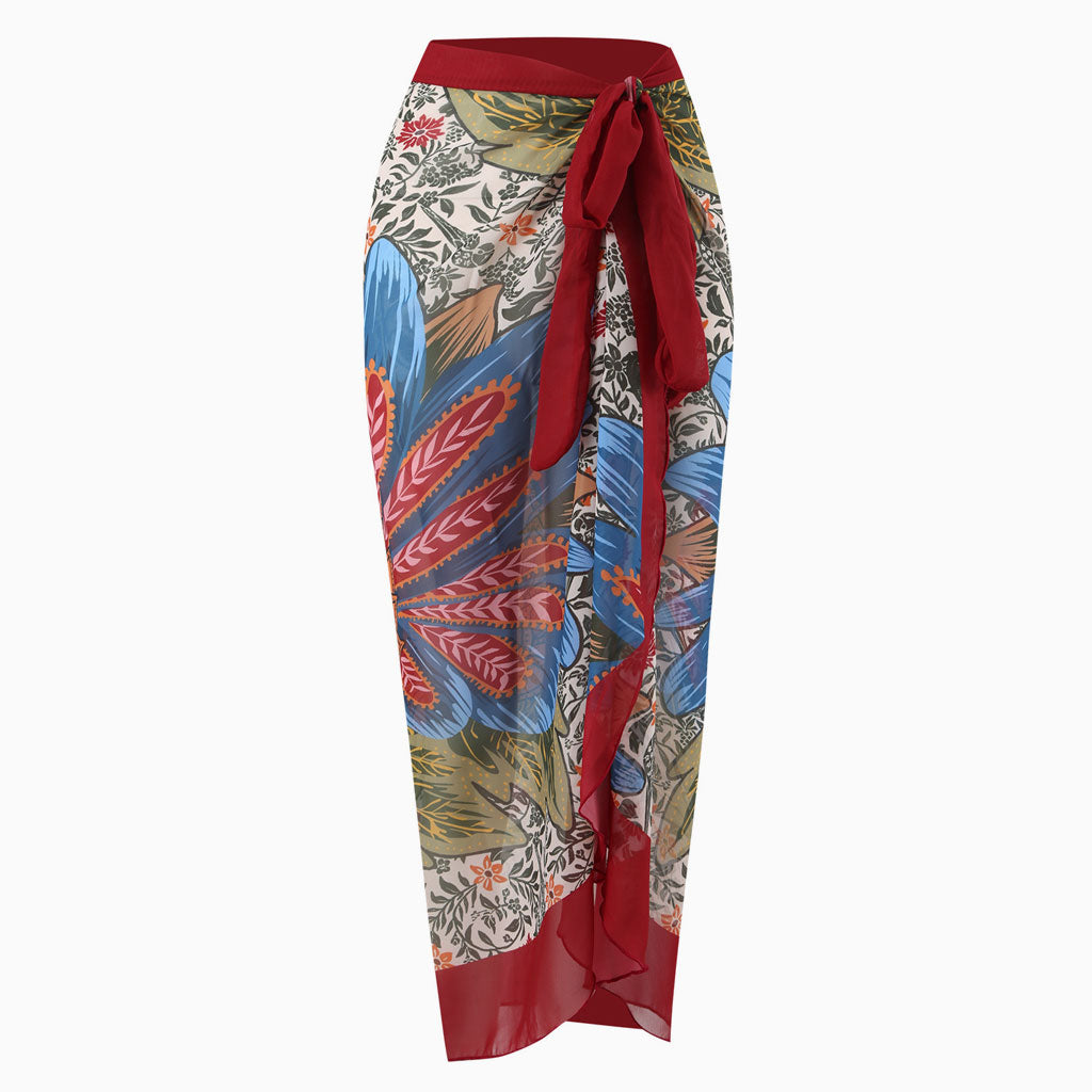 Vintage Printed High Waist Bow Tie Chiffon Maxi Wrap Sarong Cover Up