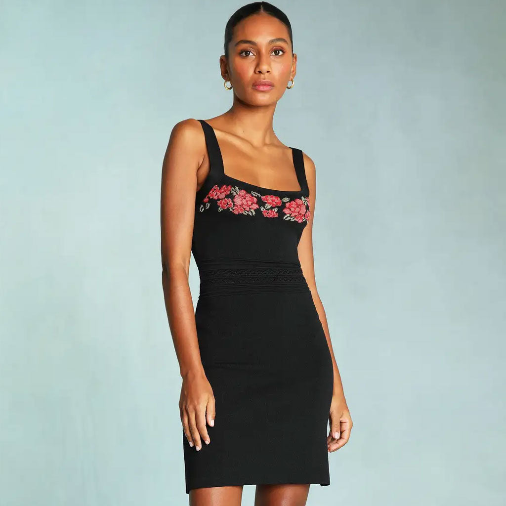 Vintage Square Neck Embroidered Knit Tank Mini Dress - Black