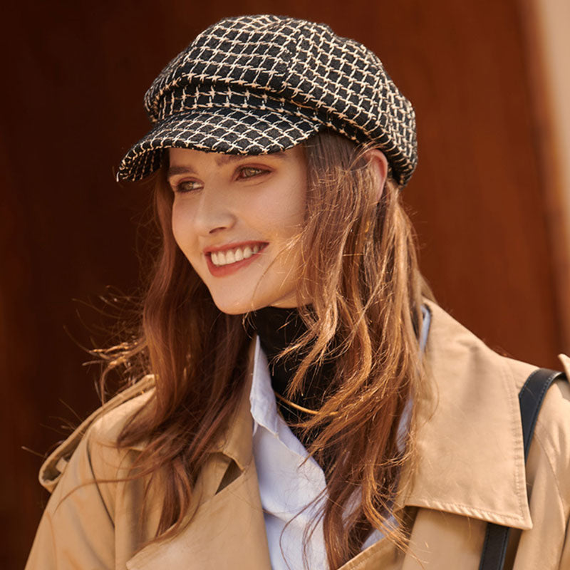 Chapeau gavroche en laine mélangée à carreaux de style vintage