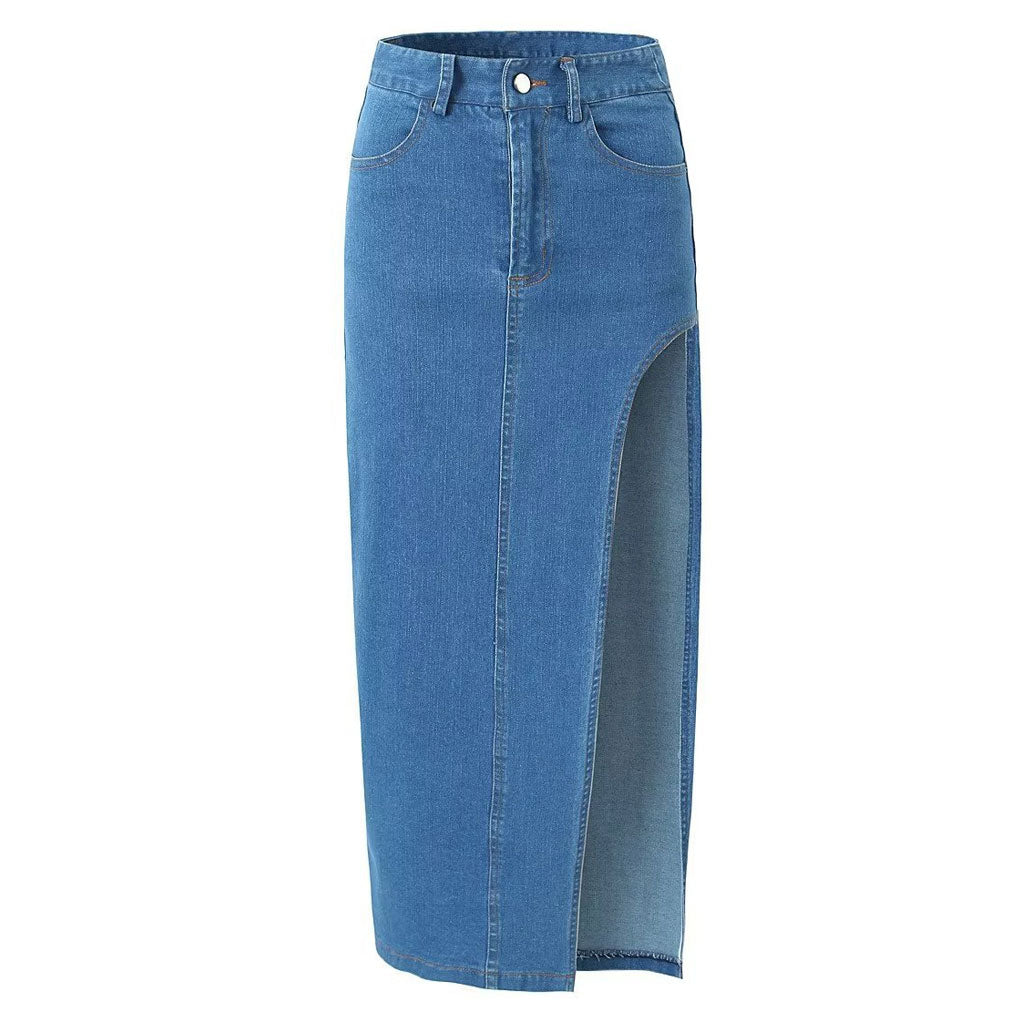 Vintage-Stil High Waist Jeans Blau Oberschenkel Seite Schlitz Midi Jeansrock