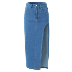 Jupe midi en jean bleu taille haute style vintage avec fente latérale sur la cuisse