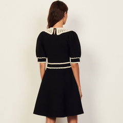 Vintage Style Lace Collar Puff Sleeve Skater Knit Mini Dress - Black