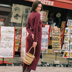 Vintage-Set mit hoher Taille und langen Ärmeln aus Rippstrick zum Binden vorne - Burgunderrot