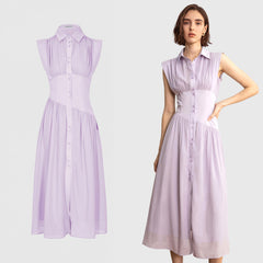 BUTTONED Long Sleeve MIDI Dress - Purple