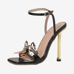 Vivid Butterfly Detail Square Toe Ankle Strap Stiletto Sandals - Black