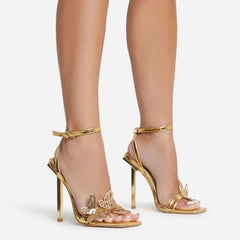 Vivid Butterfly Detail Square Toe Ankle Strap Stiletto Sandals - Gold