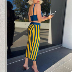 Vivid Crop Tank Contrast Stripe Bandage Midi Skirt Matching Set -YelLow